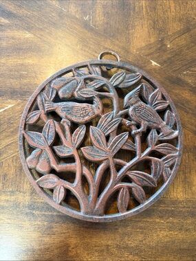 Round Cast Iron Bird Wall Hanging - Red Brown Botanical Trivet